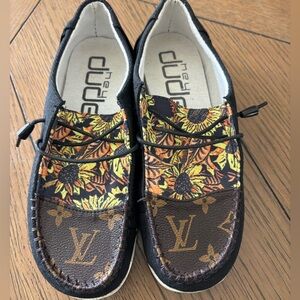 Custom LV Hey Dude Black Canvas Slip-On Sneakers